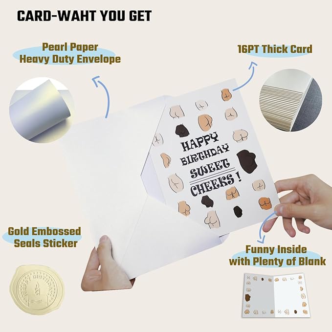 Funny Birthday Cards For Women or Men - Funny Rude Adult Theme Birthday Card for Men Friend - Dirty Adult Friend Birthday Card for Male 'Happy Birthday Sweet Cheeks'