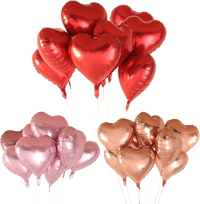 Golray 24pcs Heart Foil Balloons Love Red Pink Gold Rose 18 Inch Mylar Balloon for Valentine Day Decorations Backdrop Balloons Wall Romantic Night Proposal Wedding Anniversary Valentine Party Decor