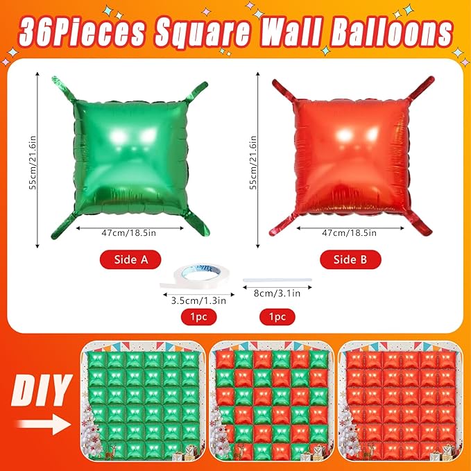 36 Piece XL Greener Square Foil Balloon Wall Screen Double Sided Square Balloon Screen Tunnel Arch Kit Mylar Square Balloons For Baby Shower Graduation Prom Birthday Party Decorations