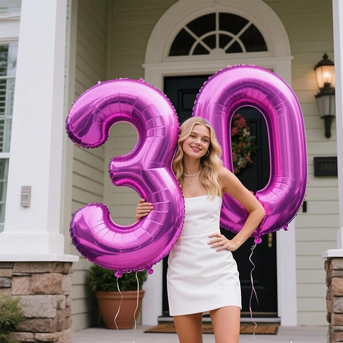 40 Inch Large 30 Balloon Numbers Rose Purple Big Foil Number Balloons Giant Helium Happy Birthday Party Decorations for Man and Women, Huge Mylar Anniversary Party Supplies