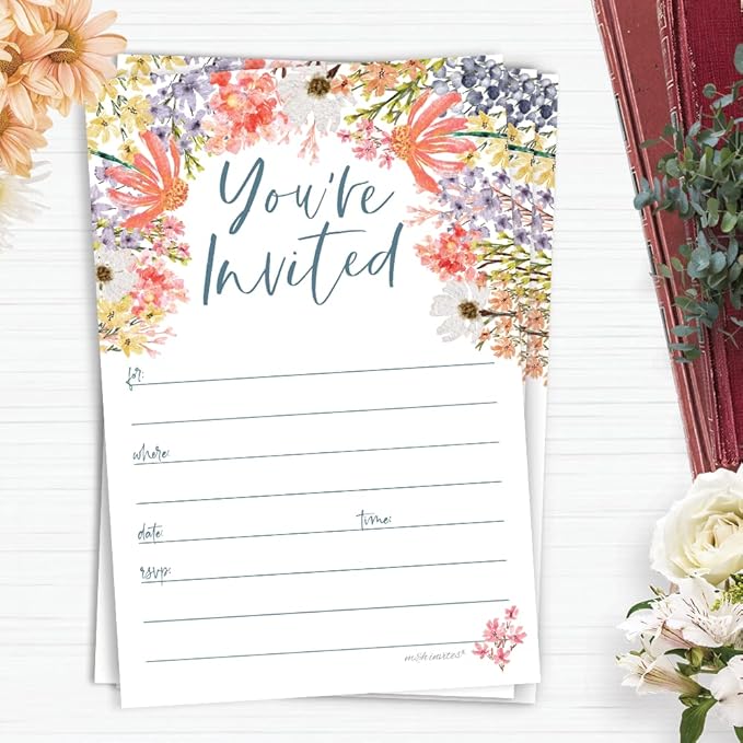 m&h invites Wildflower Invitations With Envelopes (20 Count) - Floral Boho Garden Theme For Bridal Shower, 1st Birthday, Adult Birthday, Brunch or Baby Shower
