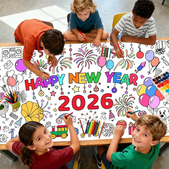 Happy New Year Coloring Tablecloth/Poster, New Years Decorations 2026, 72"x30" Giant Paper Coloring Banner Tablecloth for Kids Crafts Activities Party Decorations, Fun DIY New Years Eve Party Supplies
