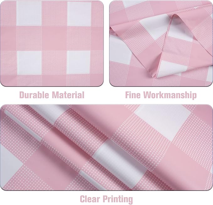 Kesfey 12 Packs Pink Gingham Tablecloth 54 x 108 Inches Pink and White Checkered Table Cloths Party Picnic Disposable Table Covers Splashproof Plastic Checkered Gingham Tablecover for Dinners Party