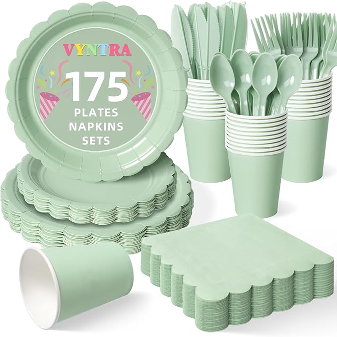 Vyntra 175 Pcs Sage Green Birthday Paper Plates and Napkins Set for 25 Guests, Disposable Party Supplies, 9" Dinner Plates & 7" Dessert Plates