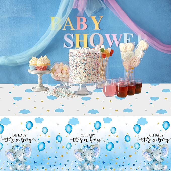 3 Pack Elephant Baby Shower Tablecloth Decorations, Elephant Baby Shower Decorations, Plastic Tablecloth Table Cover Backdrop for Baby Boy Girl Gender Reveal Party Supplies, 54 x 108 Inch, Blue