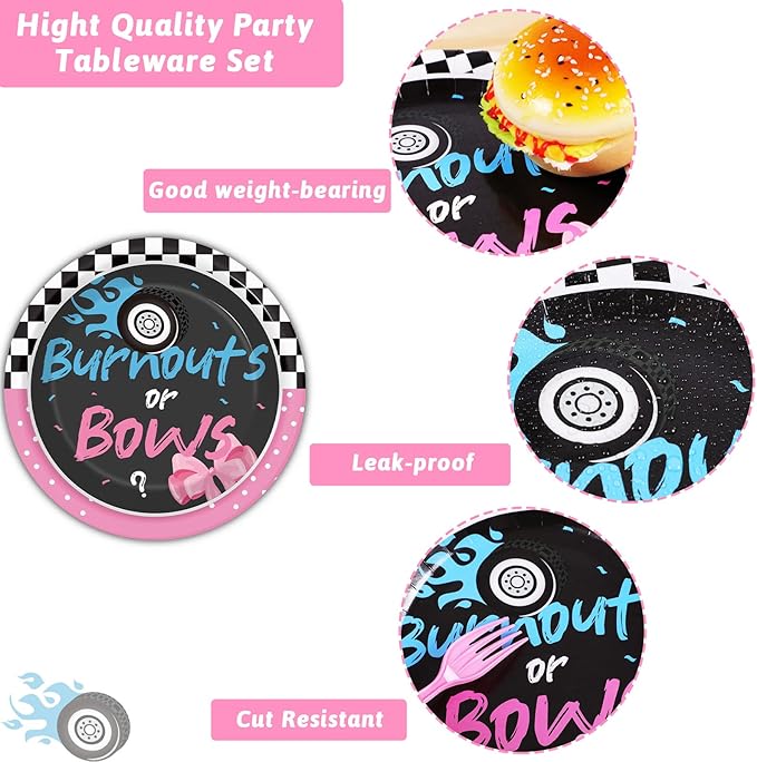 chiazllta 96 Pcs Gender Reveal Burnouts or Bows Party Plate and Napkins Supplies Disposable Tableware Decor Party Paper Plates Napkins for Party Favors 24 Guests