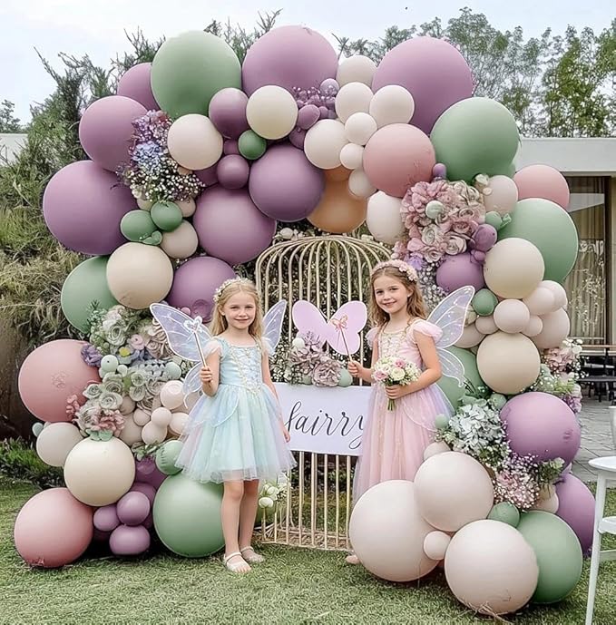 Dusty Green Purple Balloon Garland Double Stuffed Pastel Green Lavender Pink White Sand Balloon Arch Kit Light Lilac Cream Balloons for Baby Shower Easter Birthday Wedding Wildflower Fairy Party Decor