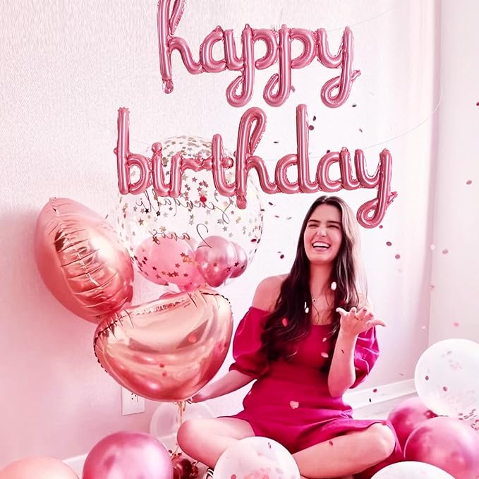 TONIFUL Pink Happy Birthday Balloons 16 Inch Pink Mylar Foil Script/Cursive Letters Balloons Sign Banner Reusable Material for Girls Boys Kids & Adults Birthday Decorations