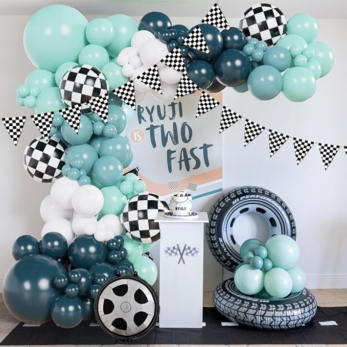 Race Car Balloon Arch Garland Kit 152Pcs Dusty/Peacock/Teal Blue and White Balloons with Wheel Checkered Foil Balloons and Checkered Flag Banner for Two Fast Birthday Party Decorations