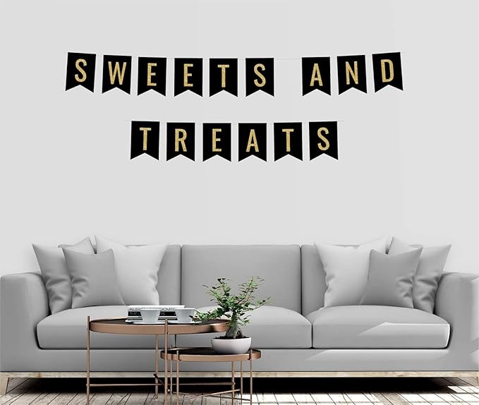 Andaz Press Faux Gold Glitter on Black Party Banner Decorations, Sweets and Treats, Approx 5-Feet, 1-Set, Birthday Wedding Baby Shower Colored Hanging Pennant Decor