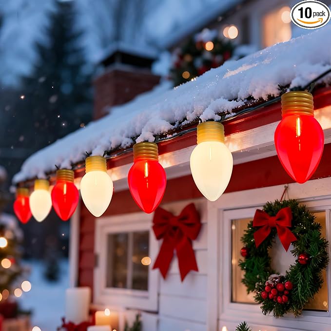 16FT Jumbo Red and White Christmas Lights Outdoor with 10 LED Red and White Bulbs,Jumbo Giant Christmas String Lights for Tree Holiday Home Roof Yard Garden Decorations