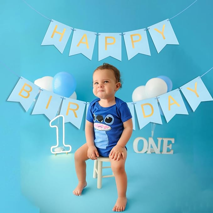 Blue Happy Birthday Banner - Light Blue Hanging Backdrop Sign with Gold Letters, Happy Birthday Sign Bunting Decorations for Women men Kids Baby Shower Party Supplies (13pcs)