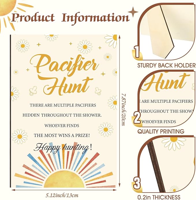Thyle 51 Pcs Here Comes The Son Pacifier Hunt Baby Shower Games Boho Sun Decorations Include Hunt Sign and 50 Acrylic Pacifiers for Baby Shower Game Decoration Gift Sets Gender Reveal Party Decor