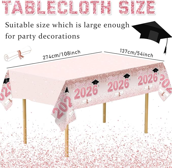 ssailue decor Pink Graduation Decorations Class of 2026 Tablecloth,4 Pieces 2026 Graduation Party Tablecloth, Class of 2026 Decorations Plastic Disposable Table Cover Party Supplies