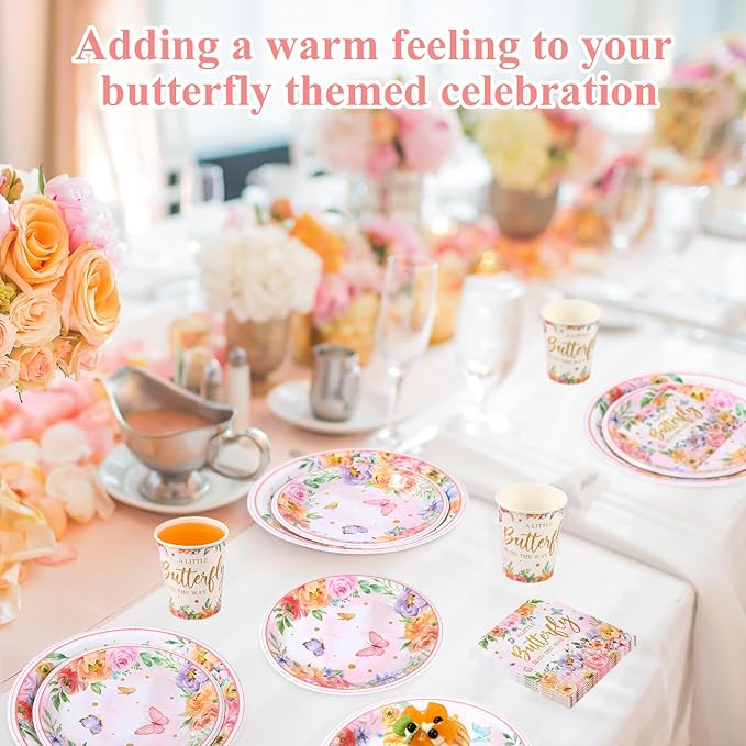 250 Pcs Butterfly Baby Shower Party Tableware Set a Little Butterfly Is on the Way Baby Shower Decorations Pink Purple Floral Paper Plates Napkins and Cups for 50 Guest (Fresh Style)