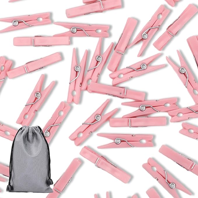 100PCS Baby Shower Clothespins Games Girl Plastic Clothes Pin with Waterproof Bag Mini Pink Pin Bulk 1.37 inch for Party Decorations, DIY Crafts
