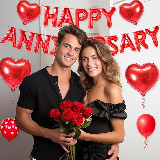2 Set 16 Inch Happy Anniversary Balloons Letters Banner, Happy Anniversary Decorations, Happy Anniversary Balloons Sign for Valentines Day/Wedding Anniversary Party Decorations (Red Happy Anniversary)