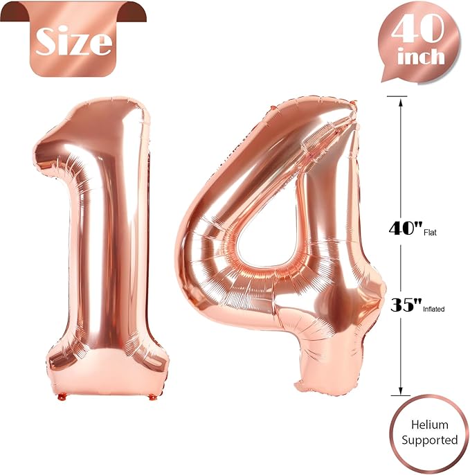 Rose Gold Number 14 Balloon 40 inch, 14 Number Balloons, 14th Birthday Decorations for Girls Boys, 14 Year Old Rose Gold Party Supplies