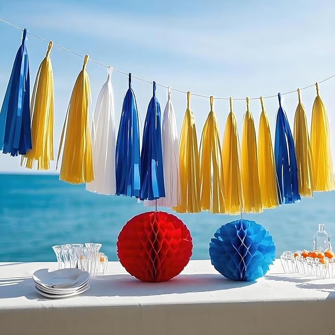 Yellow White & Blue Paper Tassels Garland Banner - Handmade Tassel Decor for Party, Wedding Backdrop, DIY Crafts (30-Pack)