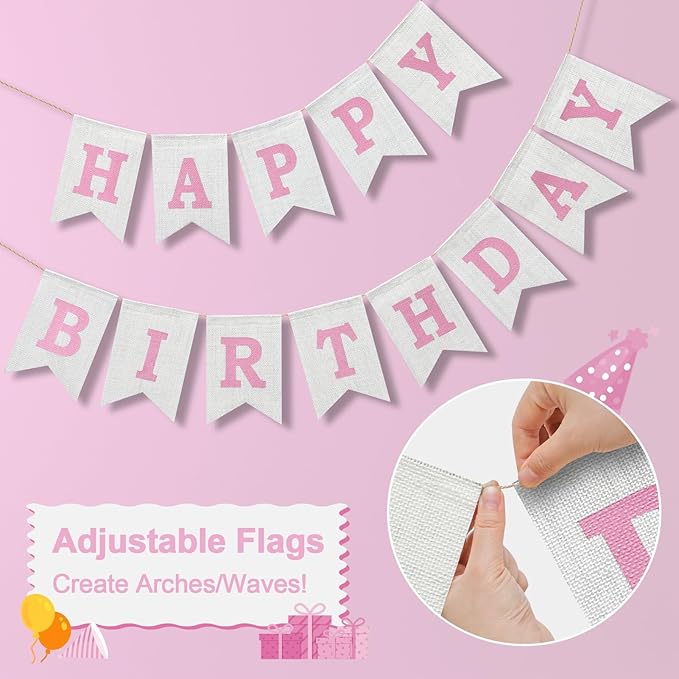 Happy Birthday Banner - Pre‑Strung Burlap Birthday Decorations and Reusable Birthday Sign for Men, Women & Kids | Party Supplies Backdrop (Pink)