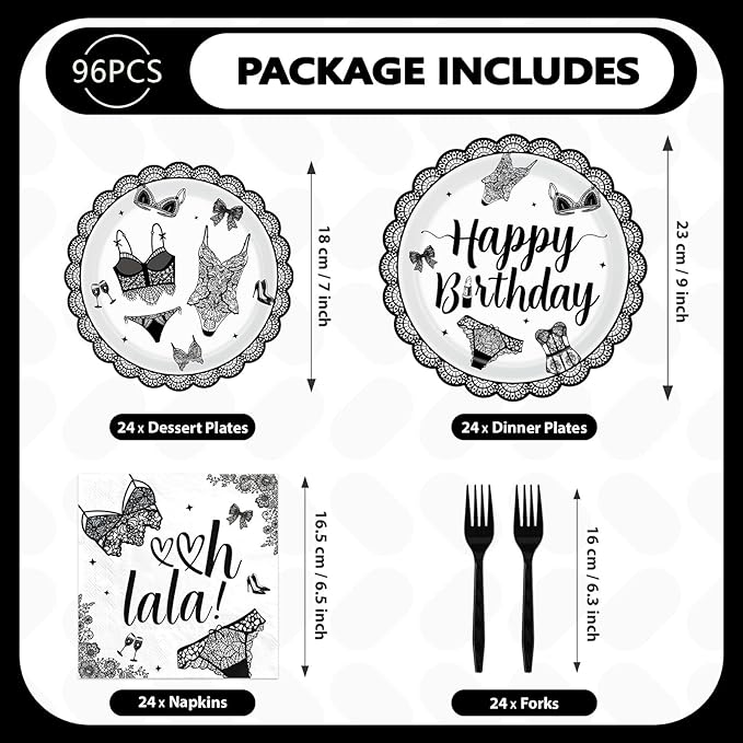 96Pcs Black Lingerie Happy Birthday Decorations Bras and Panties Plates and Napkins Lingerie Bachelorette Party Tableware for Women Girls Birthday Bachelorette Bridal Shower Party Supplies Serves 24