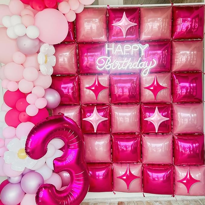 32PCS Hot Pink Square Foil Balloon Wall Double Sided, Metallic Bright Pink and Light Pink with Star Balloons Backdrop Flat Tunnel Foil Magenta Background for Girls Women Princess Birthdays Baby Shower