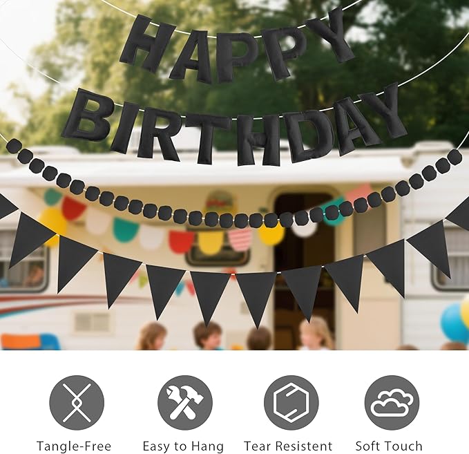 CANREVEL Pre-Strung 3D Rainbow Happy Birthday Banner, 3 PCS Happy Birthday Felt Sign, Pom Pom Garland, Triangle Fabric Bunting, Colorful Reusable Birthday Decorations for Women Men Girls Boys, Black