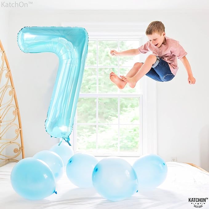 KatchOn, Giant Light Blue Number 7 Balloon - 40 Inch | 7th Birthday Balloon for 7th Birthday Decorations | 7 balloons for Birthday | Seven balloon Number | 7 Year Old balloons for 7 Year Decorations