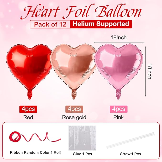 12 Pcs Rose Gold and Red Heart Foil Balloons for Valentines Day Decorations,18 Inch Romantic Love Valentine Heart Balloons for Valentines Day Wedding Marriage Birthday Bridal Shower Party Decorations