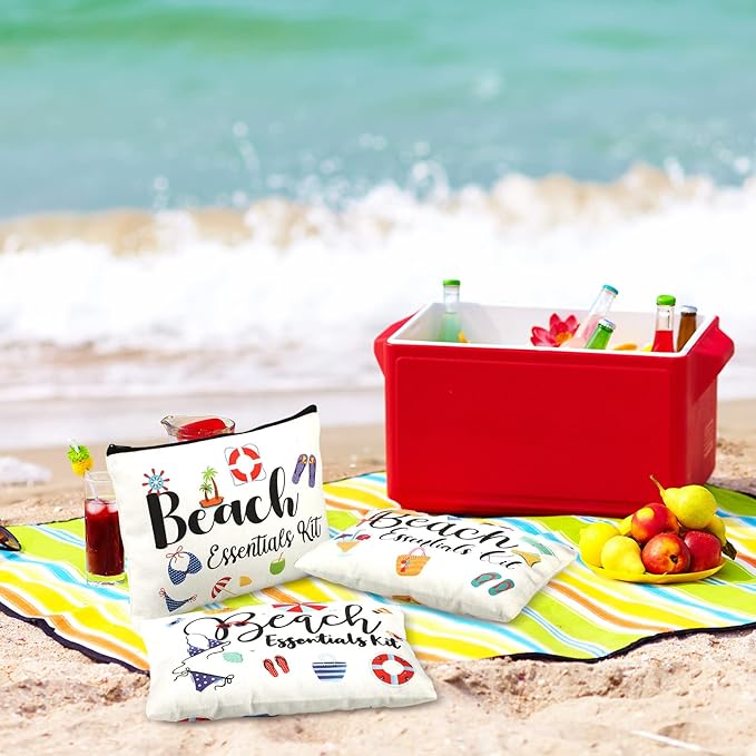 Chunful 12 Pcs Makeup Bag Summer Themes Cosmetic Bag Bulk Portable Essentials Kit Survival Kit Flamingo Palm Leaves Cosmetic Pouch with Zipper for Women Travel Accessories(Beach)
