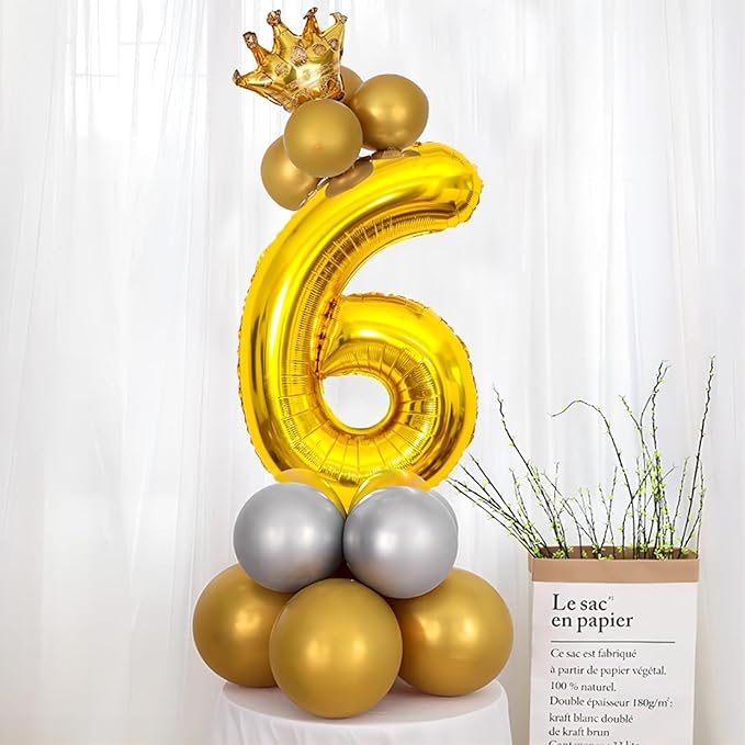 32 In Gold Large Numbers Balloons 0-9, Self Inflating Number 6 Balloons for Boys Girls, Big Gold Digit 6 Balloons for Women Men Birthday Party Anniversary Wedding Supplies Decorations