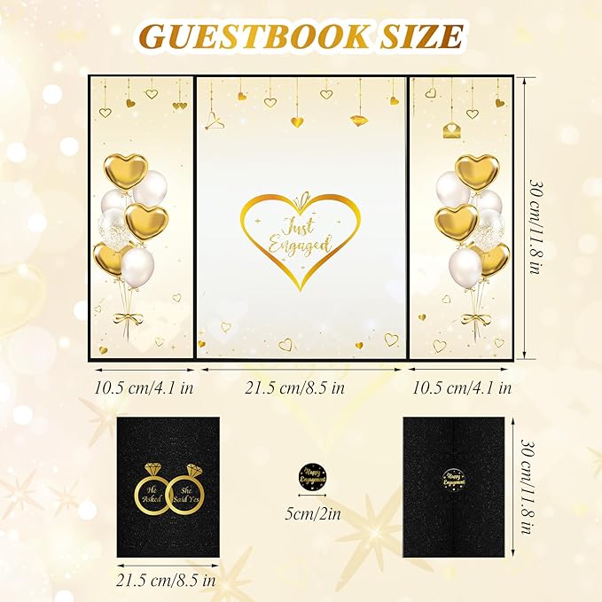 WSICSE Black Gold Engagement Party Decorations, Happy Engagement Signature Guest Book for Men Women Large Engagement Guestbook Gifts Signing Card Board Party Supply(16.7" × 11.8")
