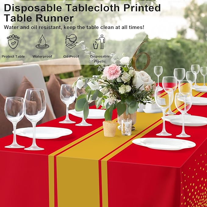 2 Pack Red and Gold Tablecloth Party Decorations Plastic Red Tablecloth Printed Gold Table Runner 54 x108 Inch Disposable Rectangle Table Cover for Birthday Wedding Graduation Anniversary