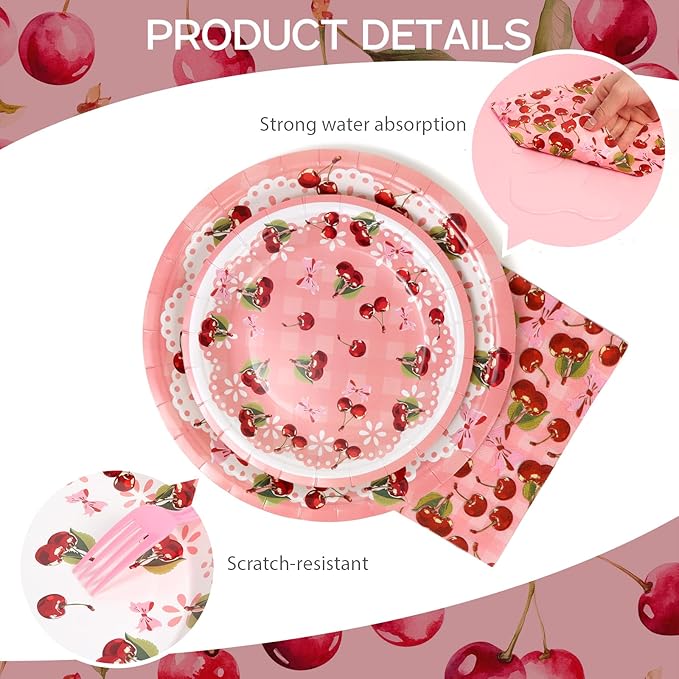 80pcs Cherry Party Plates Disposable Tableware Set Red Paper Plates for 20 Guests Kids Party Picnic Wedding Tea Party Table Supplies (Include Plates, Cups and Napkins)