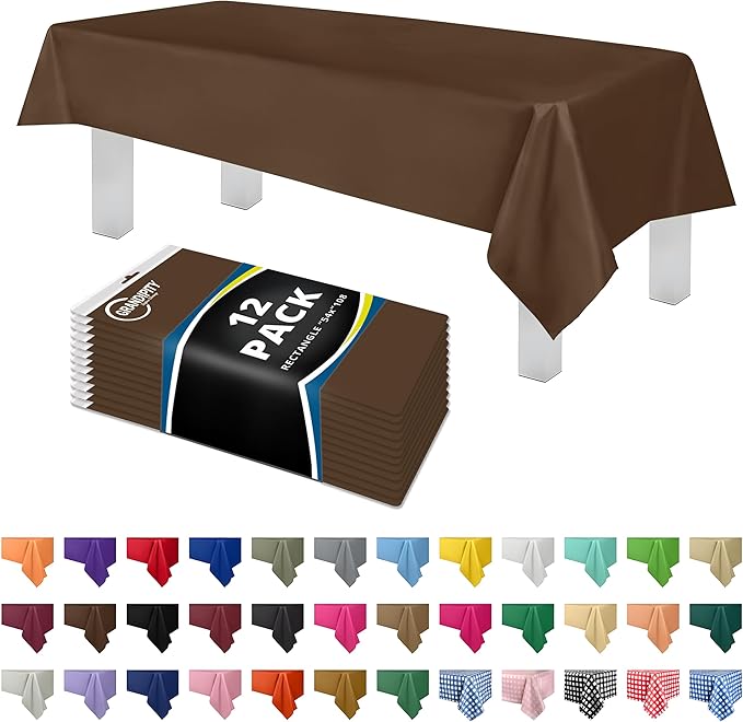 Grandipity 12 Pack Premium Disposable Plastic Tablecloth 54 Inch. x 108 Inch. Decorative Rectangle Table Cover - Brown