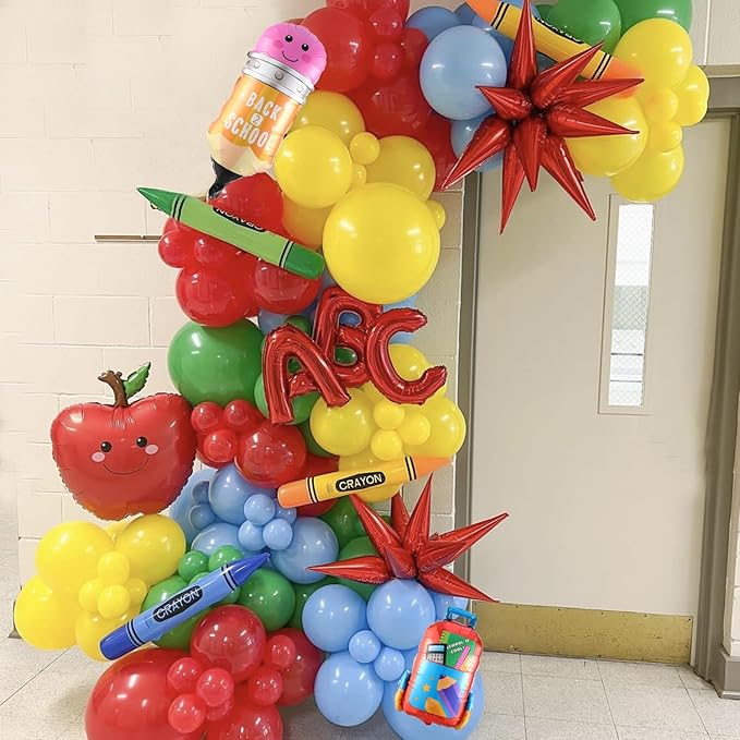 Back to School Balloon Arch Garland Kit,152Pcs Rainbow Balloons with Pencil Apple Schoolbag ABC Foil Balloons for First Day of School Kindergarten Graduation Back To School Classroom Party Decorations