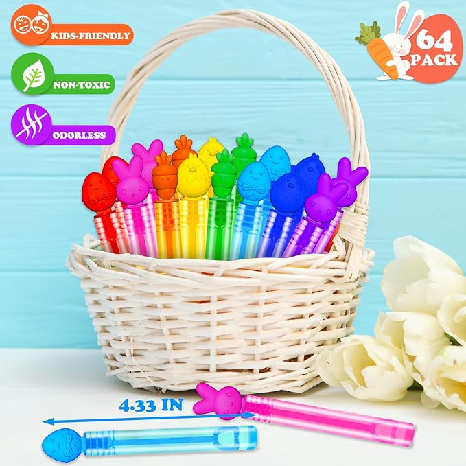 Easter Mini Bubbles Wands Toys Gifts Bulk for Kids,64 Pack Easter Party Favors Supplies for Toddlers,Easter Basket Goodie Gift Treat Bag Stuffers,Non Candy Classroom Prizes Pinata Fillers for Boy Girl