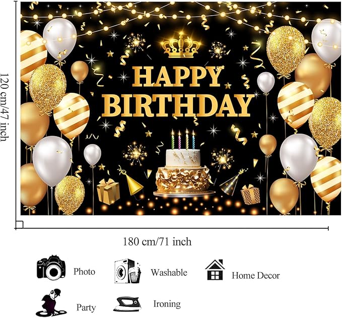 YinQin 180x120 cm Glitter Black Golden Happy Birthday Party Photo Backdrops Cloth 71x47 inch Bday Photography Backgrounds Shiny Black Gold Happy Birthday Sign Banner Decorations for Women Men