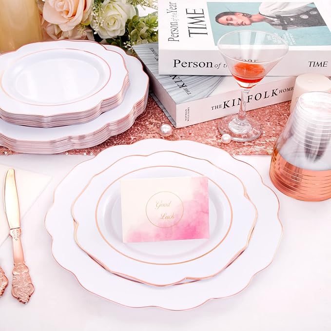 NOCCUR 175PCS Rose Gold Plastic Plates with Disposable Silverware - Include 25Dinner Plates, 25Dessert Plates, 25Forks, 25Knives, 25Spoons, 25Cups, 25Napkins for Party/Easter Day