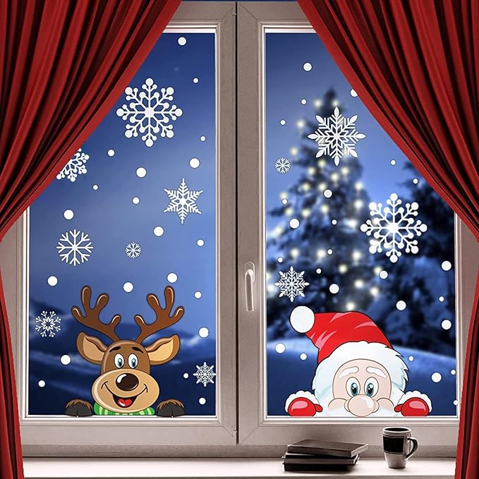 300 PCS 8 Sheet Christmas Snowflake Window Cling Stickers for Glass, Xmas Decals Decorations Holiday Snowflake Santa Claus Reindeer Decals for Party