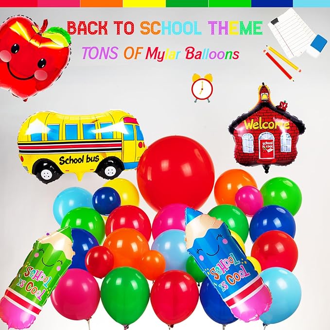 back to school balloons hot pink and red yellow green balloon garland arch kit 130+pcs with school bus classroom apple mylar balloon for back to school Birthday party decorations