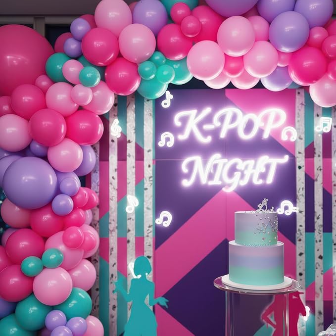 K-Pop Music themed Birthday Decorations with Hot Pink Teal Purple balloon arch & Artificial palm leaves for Girls Summer Tropical Hawaii music fans Prom Party Decorations