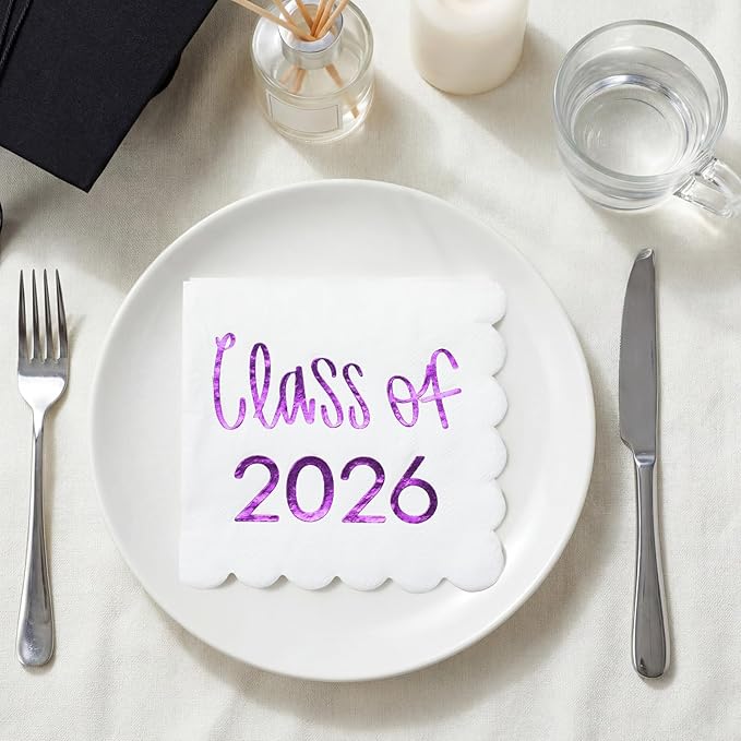 100 Pcs Class of 2026 Graduation Cocktail Napkins 5 x 5 Inch Congrats Grad Scalloped Paper Napkins for Dinner Beverage Graduate Decorations(Purple)
