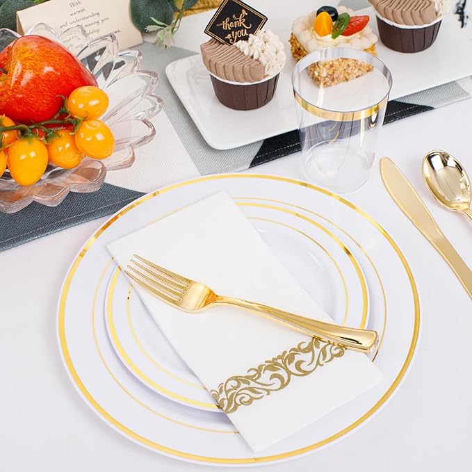 350 Pieces White and Gold Plastic Plates - 50 Guest Dinnerware Set Include 100 Plates, 50 Gold Plastic Silverware, 50 Paper Napkins and 50 Cups for Wedding Baby Shower Spring Birthday