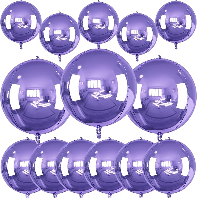 14 Pcs Purple Round Foil Balloons 22/15/10 4D Ball Balloons Light Baby Lavender Purple Metallic Balloon Ornament Mylar Balloon for Birthday Graduation Wedding Anniversary Disco Party Decor