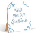 Blue Bow Please Sign Our Guestbook Sign for Baby Shower, 6x8 Inch Arch Wooden Sign with Stand, Blue Baby Shower Table Sign, Gender Neutral Party Decoration - QW12