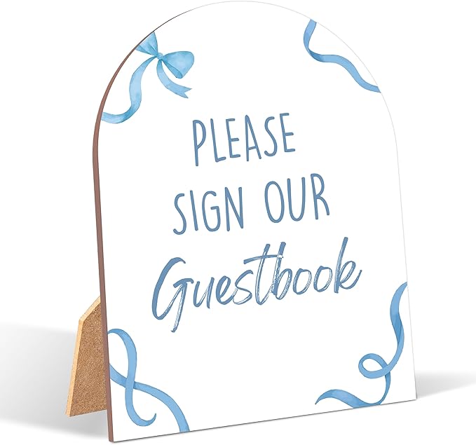 Blue Bow Please Sign Our Guestbook Sign for Baby Shower, 6x8 Inch Arch Wooden Sign with Stand, Blue Baby Shower Table Sign, Gender Neutral Party Decoration - QW12