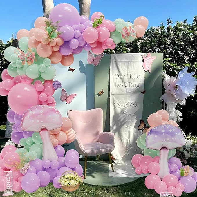 143Pcs Fairy Wonderland Balloon Arch Garland Kit, Pastel Pink Purple Dusty Green Latex Balloons with Mushroom Foil Balloons for Girls Fairytale Birthday Spring Baby Shower Garden Tea Party Decorations