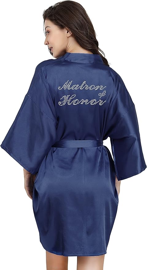 EPLAZA Women's One Size Silver Rhinestones Bride Bridesmaid Short Satin Robes for Wedding Party Getting Ready