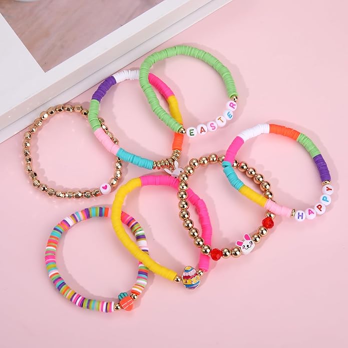 Surfer Heishi Bracelets for Women Stackable Rainbow Vinyl Disc Clay Beaded Stretch Bracelets Elastic Layering Friendship Bracelets Boho Summer Beach Jewelry